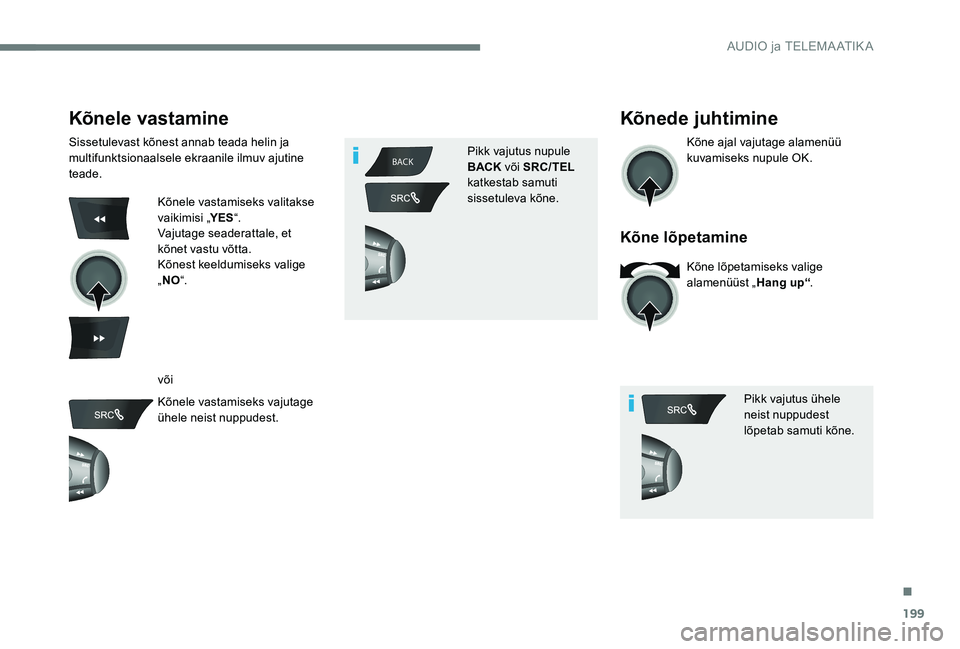 Peugeot 301 2017 Omaniku käsiraamat (in Estonian) 199
BACK
Kõnele vastamine
Sissetulevast kõnest annab teada helin ja
multifunktsionaalsele ekraanile ilmuv ajutine
teade.
Kõnele vastamiseks valitakse
vaikimisi „YES“.
Vajutage seaderattale, Peugeot 301 2017 Omaniku käsiraamat (in Estonian) 199
BACK
Kõnele vastamine
Sissetulevast kõnest annab teada helin ja
multifunktsionaalsele ekraanile ilmuv ajutine
teade.
Kõnele vastamiseks valitakse
vaikimisi „YES“.
Vajutage seaderattale,