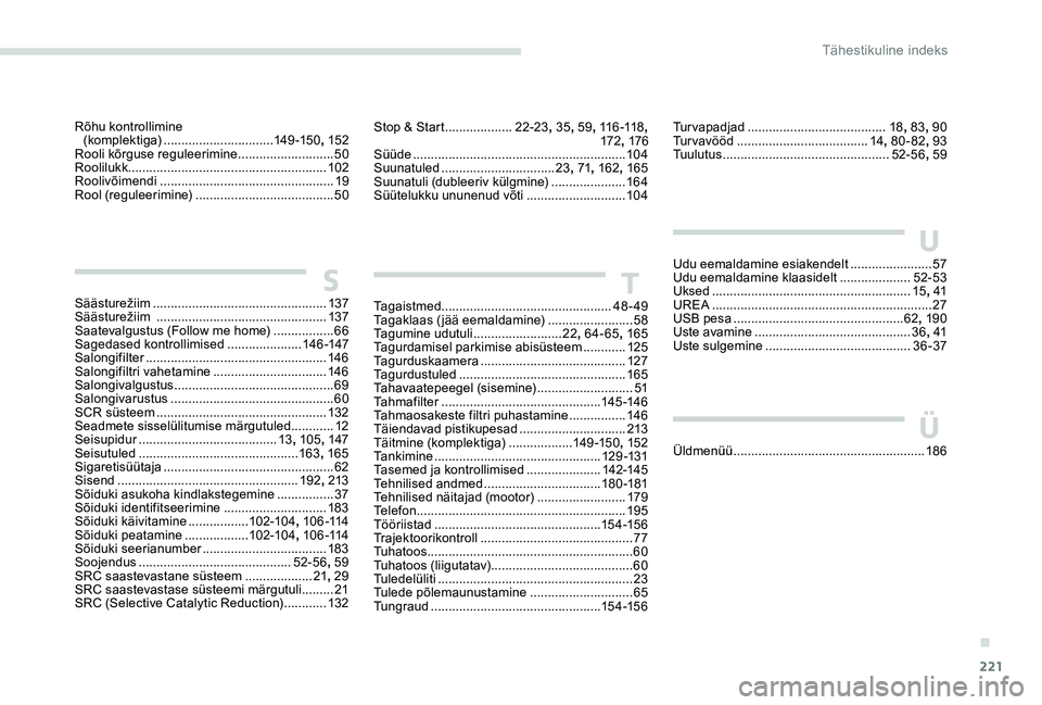 Peugeot 301 2017 Omaniku käsiraamat (in Estonian) 221
Rõhu kontrollimine (komplektiga) ............................... 1
4 9 -15 0, 152
Rooli kõrguse reguleerimine
........................... 50
R
oolilukk
................
.................... Peugeot 301 2017 Omaniku käsiraamat (in Estonian) 221
Rõhu kontrollimine (komplektiga) ............................... 1
4 9 -15 0, 152
Rooli kõrguse reguleerimine
........................... 50
R
oolilukk
................
....................