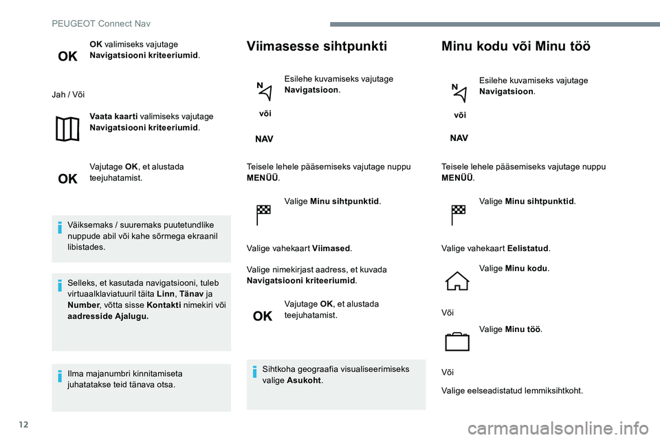 Peugeot 301 2017 Omaniku käsiraamat (in Estonian) 12
OK valimiseks vajutage
Navigatsiooni kriteeriumid .
Jah / Või Vaata kaarti valimiseks vajutage
Navigatsiooni kriteeriumid .
Vajutage OK , et alustada
teejuhatamist.
Väiksemaks / suuremaks puu Peugeot 301 2017 Omaniku käsiraamat (in Estonian) 12
OK valimiseks vajutage
Navigatsiooni kriteeriumid .
Jah / Või Vaata kaarti valimiseks vajutage
Navigatsiooni kriteeriumid .
Vajutage OK , et alustada
teejuhatamist.
Väiksemaks / suuremaks puu