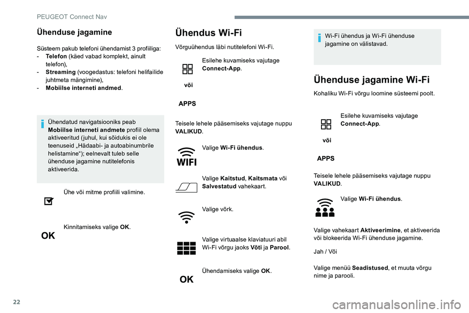 Peugeot 301 2017 Omaniku käsiraamat (in Estonian) 22
Ühenduse jagamine
Süsteem pakub telefoni ühendamist 3 profiiliga:
- T elefon (käed vabad komplekt, ainult
telefon),
-
S
treaming (voogedastus: telefoni helifailide
juhtmeta mängimine),
Peugeot 301 2017 Omaniku käsiraamat (in Estonian) 22
Ühenduse jagamine
Süsteem pakub telefoni ühendamist 3 profiiliga:
- T elefon (käed vabad komplekt, ainult
telefon),
-
S
treaming (voogedastus: telefoni helifailide
juhtmeta mängimine),
