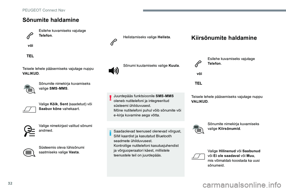 Peugeot 301 2017 Omaniku käsiraamat (in Estonian) 32
Sõnumite haldamine
või Esilehe kuvamiseks vajutage
Telefon
.
Teisele lehele pääsemiseks vajutage nuppu
VALIKUD .
Sõnumite nimekirja kuvamiseks
valige SMS-MMS .
Valige Kõik , Sent (saadetu Peugeot 301 2017 Omaniku käsiraamat (in Estonian) 32
Sõnumite haldamine
või Esilehe kuvamiseks vajutage
Telefon
.
Teisele lehele pääsemiseks vajutage nuppu
VALIKUD .
Sõnumite nimekirja kuvamiseks
valige SMS-MMS .
Valige Kõik , Sent (saadetu