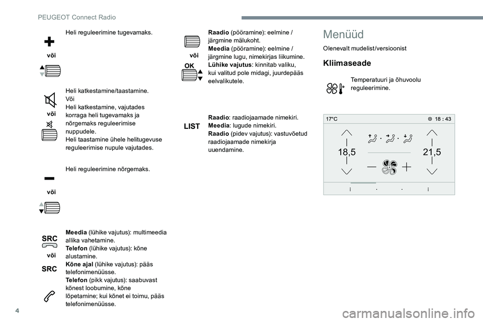 Peugeot 301 2017 Omaniku käsiraamat (in Estonian) 4
21,518,5
või Heli reguleerimine tugevamaks.
või Heli katkestamine/taastamine.
Või
Heli katkestamine, vajutades
korraga heli tugevamaks ja
nõrgemaks reguleerimise
nuppudele.
Heli taastamine Peugeot 301 2017 Omaniku käsiraamat (in Estonian) 4
21,518,5
või Heli reguleerimine tugevamaks.
või Heli katkestamine/taastamine.
Või
Heli katkestamine, vajutades
korraga heli tugevamaks ja
nõrgemaks reguleerimise
nuppudele.
Heli taastamine