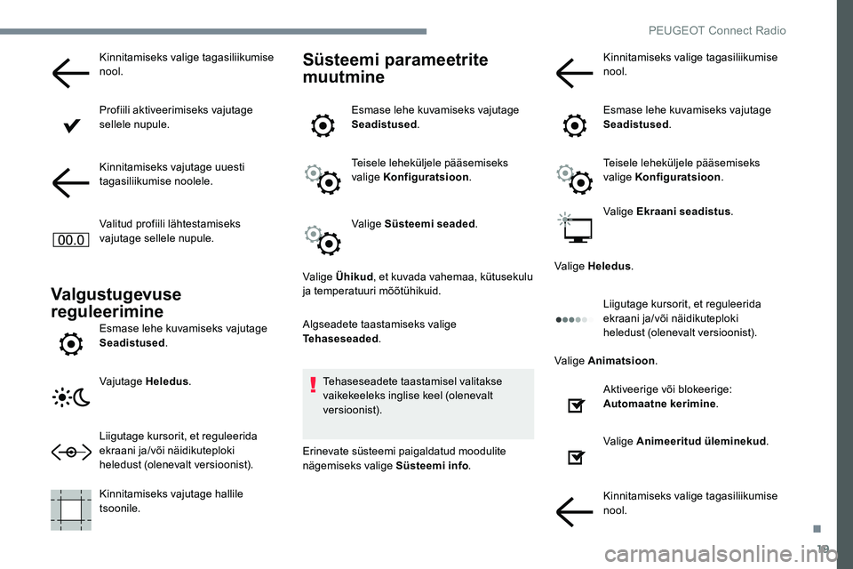Peugeot 301 2017 Omaniku käsiraamat (in Estonian) 19
Kinnitamiseks valige tagasiliikumise
nool.
Profiili aktiveerimiseks vajutage
sellele nupule.
Kinnitamiseks vajutage uuesti
tagasiliikumise noolele.
Valitud profiili lähtestamiseks
vajutage sel Peugeot 301 2017 Omaniku käsiraamat (in Estonian) 19
Kinnitamiseks valige tagasiliikumise
nool.
Profiili aktiveerimiseks vajutage
sellele nupule.
Kinnitamiseks vajutage uuesti
tagasiliikumise noolele.
Valitud profiili lähtestamiseks
vajutage sel