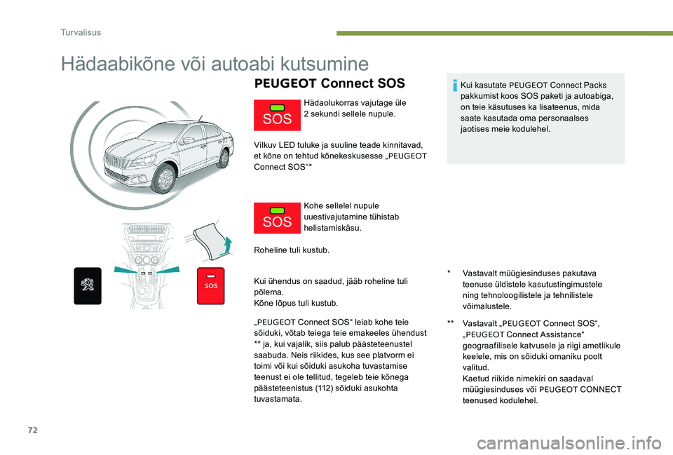 Peugeot 301 2017 Omaniku käsiraamat (in Estonian) 72
Hädaabikõne või autoabi kutsumine
PEUGEOT Connect SOS
* Vastavalt müügiesinduses pakutava
teenuse üldistele kasutustingimustele
ning tehnoloogilistele ja tehnilistele
võimalustele.
**
V Peugeot 301 2017 Omaniku käsiraamat (in Estonian) 72
Hädaabikõne või autoabi kutsumine
PEUGEOT Connect SOS
* Vastavalt müügiesinduses pakutava
teenuse üldistele kasutustingimustele
ning tehnoloogilistele ja tehnilistele
võimalustele.
**
V