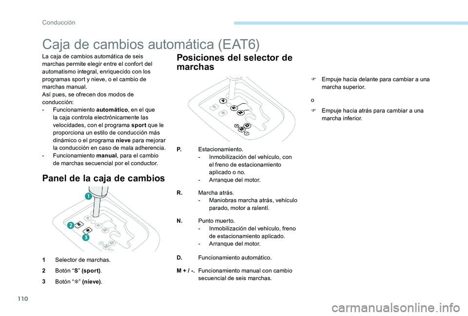 Peugeot 301 2017 Manual del propietario (in Spanish) 110
Caja de cambios automática (EAT6)
La caja de cambios automática de seis
marchas permite elegir entre el confort del
automatismo integral, enriquecido con los
programas sport y nieve, o el cam Peugeot 301 2017 Manual del propietario (in Spanish) 110
Caja de cambios automática (EAT6)
La caja de cambios automática de seis
marchas permite elegir entre el confort del
automatismo integral, enriquecido con los
programas sport y nieve, o el cam