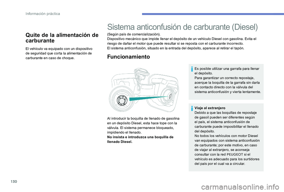 Peugeot 301 2017 Manual del propietario (in Spanish) 130
Quite de la alimentación de
carburante
El vehículo va equipado con un dispositivo
de seguridad que corta la alimentación de
carburante en caso de choque.
Sistema anticonfusión de carburante Peugeot 301 2017 Manual del propietario (in Spanish) 130
Quite de la alimentación de
carburante
El vehículo va equipado con un dispositivo
de seguridad que corta la alimentación de
carburante en caso de choque.
Sistema anticonfusión de carburante