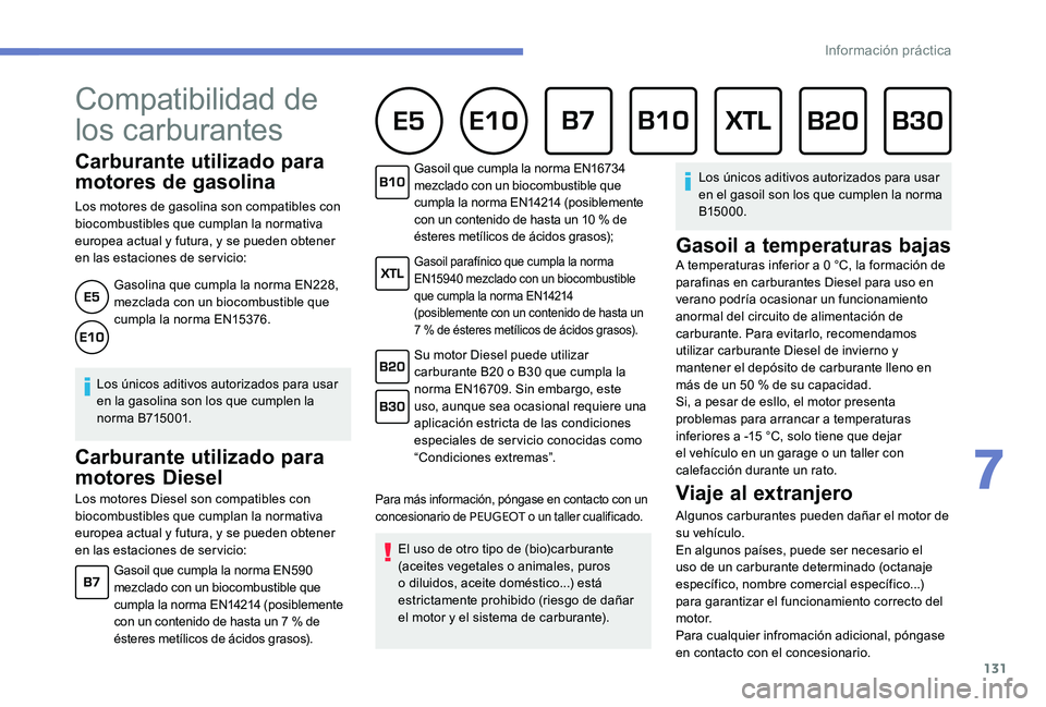 Peugeot 301 2017 Manual del propietario (in Spanish) 131
Carburante utilizado para
motores de gasolina
Los motores de gasolina son compatibles con
biocombustibles que cumplan la normativa
europea actual y futura, y se pueden obtener
en las estacione Peugeot 301 2017 Manual del propietario (in Spanish) 131
Carburante utilizado para
motores de gasolina
Los motores de gasolina son compatibles con
biocombustibles que cumplan la normativa
europea actual y futura, y se pueden obtener
en las estacione
