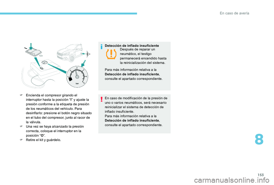 Peugeot 301 2017 Manual del propietario (in Spanish) 153
F Encienda el compresor girando el interruptor hasta la posición “ I” y ajuste la
presión conforme a la etiqueta de presión
de los neumáticos del vehículo. Para
desinflarlo: presione e Peugeot 301 2017 Manual del propietario (in Spanish) 153
F Encienda el compresor girando el interruptor hasta la posición “ I” y ajuste la
presión conforme a la etiqueta de presión
de los neumáticos del vehículo. Para
desinflarlo: presione e
