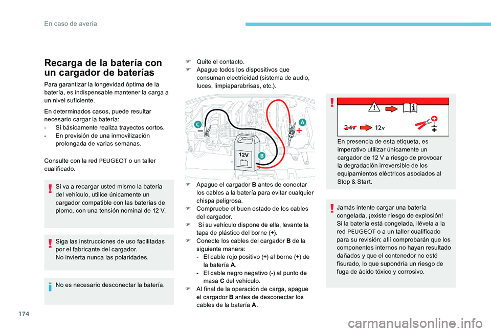 Peugeot 301 2017 Manual del propietario (in Spanish) 174
Recarga de la batería con
un cargador de baterías
Para garantizar la longevidad óptima de la
batería, es indispensable mantener la carga a
un nivel suficiente.
En determinados casos, puede Peugeot 301 2017 Manual del propietario (in Spanish) 174
Recarga de la batería con
un cargador de baterías
Para garantizar la longevidad óptima de la
batería, es indispensable mantener la carga a
un nivel suficiente.
En determinados casos, puede