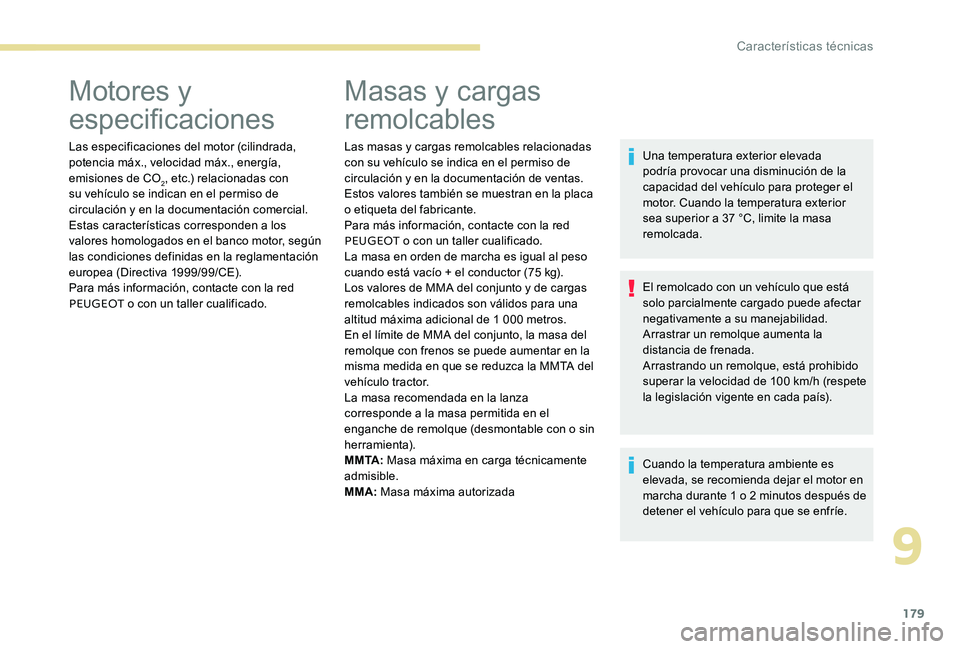 Peugeot 301 2017 Manual del propietario (in Spanish) 179
Motores y
especificaciones
Las especificaciones del motor (cilindrada,
potencia máx., velocidad máx., energía,
emisiones de CO
2, etc.) relacionadas con
su vehículo se indican en el permis Peugeot 301 2017 Manual del propietario (in Spanish) 179
Motores y
especificaciones
Las especificaciones del motor (cilindrada,
potencia máx., velocidad máx., energía,
emisiones de CO
2, etc.) relacionadas con
su vehículo se indican en el permis