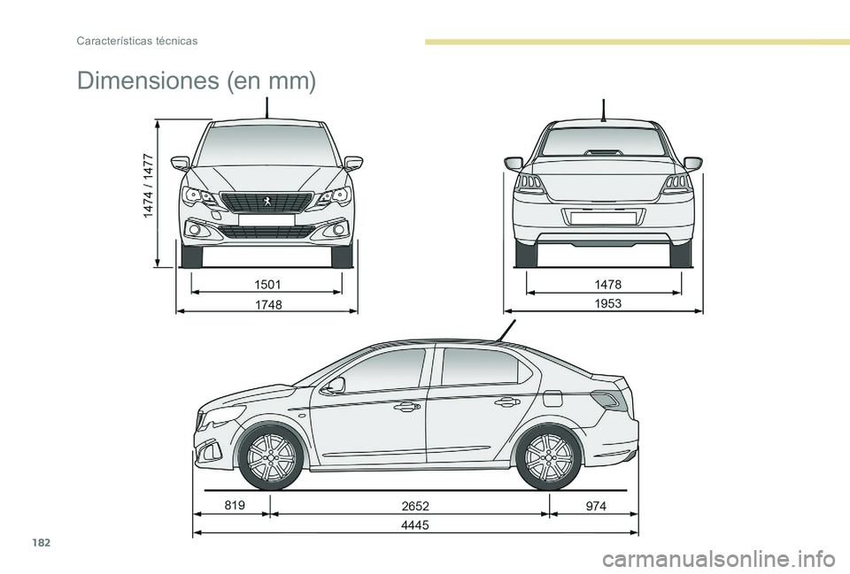 Peugeot 301 2017 Manual del propietario (in Spanish) 182
Dimensiones (en mm)
Características técnicas Peugeot 301 2017 Manual del propietario (in Spanish) 182
Dimensiones (en mm)
Características técnicas