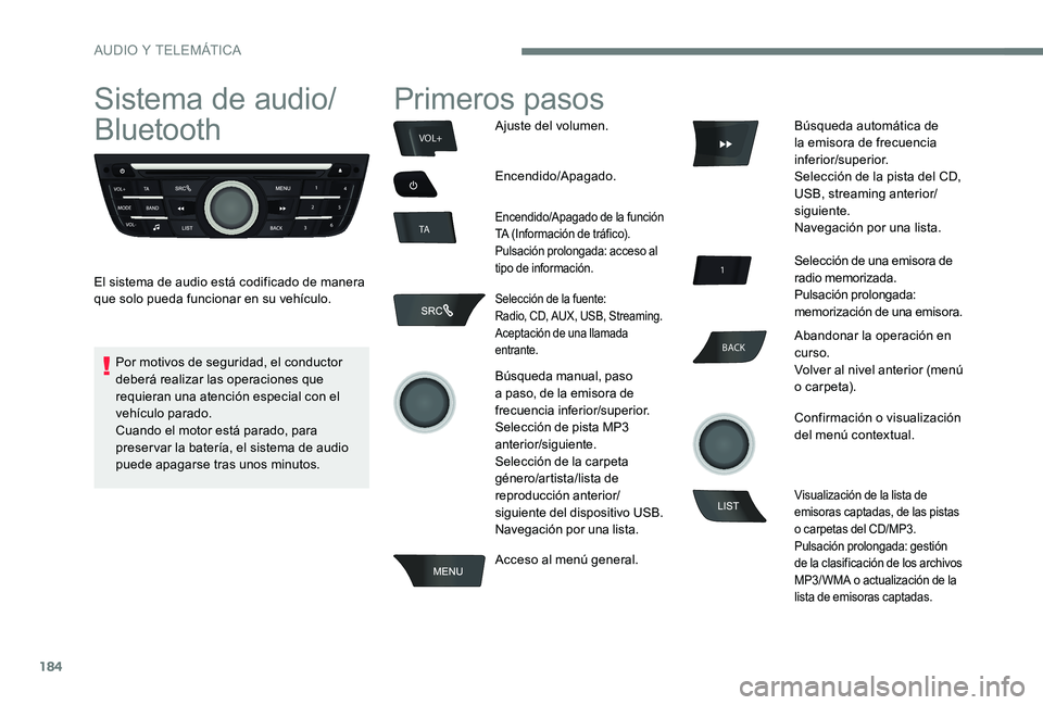 Peugeot 301 2017 Manual del propietario (in Spanish) 184
BACK
VOL+
TA
Sistema de audio/
Bluetooth
El sistema de audio está codificado de manera
que solo pueda funcionar en su vehículo.
Primeros pasos
Ajuste del volumen.
Encendido/Apagado.
Encendido/ Peugeot 301 2017 Manual del propietario (in Spanish) 184
BACK
VOL+
TA
Sistema de audio/
Bluetooth
El sistema de audio está codificado de manera
que solo pueda funcionar en su vehículo.
Primeros pasos
Ajuste del volumen.
Encendido/Apagado.
Encendido/