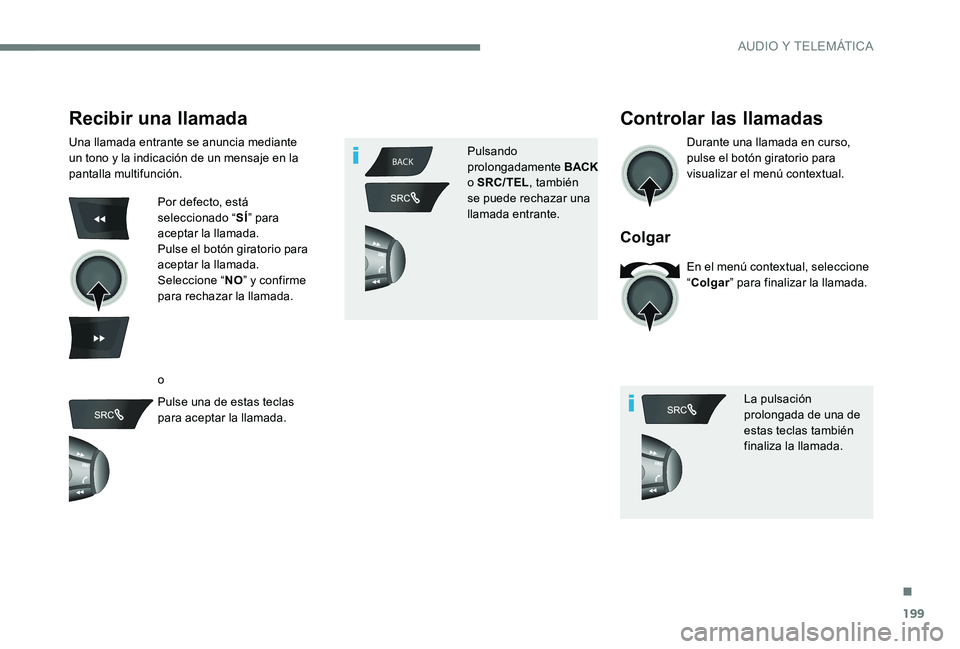 Peugeot 301 2017 Manual del propietario (in Spanish) 199
BACK
Recibir una llamada
Una llamada entrante se anuncia mediante
un tono y la indicación de un mensaje en la
pantalla multifunción.
Por defecto, está
seleccionado “SÍ” para
aceptar la Peugeot 301 2017 Manual del propietario (in Spanish) 199
BACK
Recibir una llamada
Una llamada entrante se anuncia mediante
un tono y la indicación de un mensaje en la
pantalla multifunción.
Por defecto, está
seleccionado “SÍ” para
aceptar la