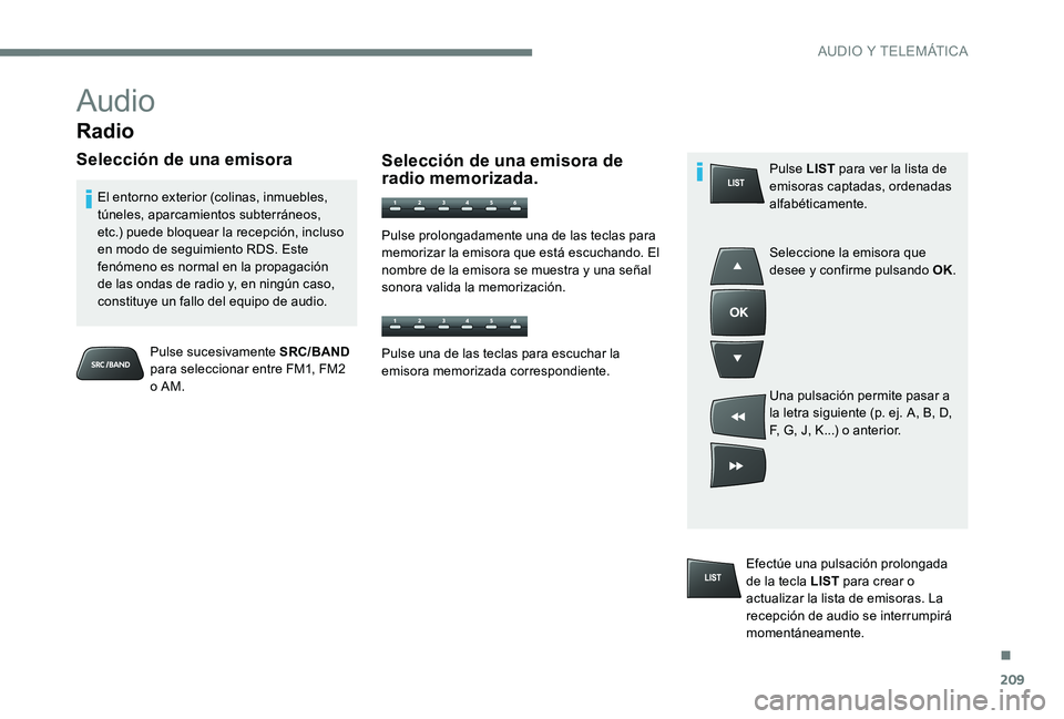 Peugeot 301 2017 Manual del propietario (in Spanish) 209
Audio
Radio
Selección de una emisora
Pulse sucesivamente SRC/BAND
para seleccionar entre FM1, FM2
o AM.
El entorno exterior (colinas, inmuebles,
túneles, aparcamientos subterráneos,
etc.) p Peugeot 301 2017 Manual del propietario (in Spanish) 209
Audio
Radio
Selección de una emisora
Pulse sucesivamente SRC/BAND
para seleccionar entre FM1, FM2
o AM.
El entorno exterior (colinas, inmuebles,
túneles, aparcamientos subterráneos,
etc.) p