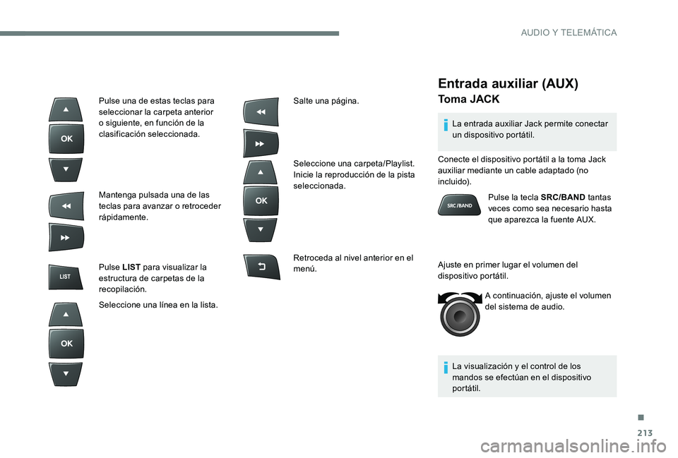 Peugeot 301 2017 Manual del propietario (in Spanish) 213
Entrada auxiliar (AUX)
To m a J A C K
La entrada auxiliar Jack permite conectar
un dispositivo portátil.
La visualización y el control de los
mandos se efectúan en el dispositivo
portátil. Peugeot 301 2017 Manual del propietario (in Spanish) 213
Entrada auxiliar (AUX)
To m a J A C K
La entrada auxiliar Jack permite conectar
un dispositivo portátil.
La visualización y el control de los
mandos se efectúan en el dispositivo
portátil.