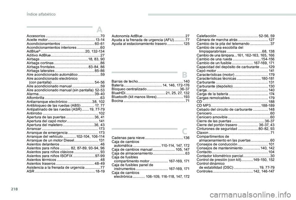 Peugeot 301 2017  Manual del propietario (in Spanish) 218
Accesorios ...................................................... 70
Aceite motor  ............................................... 13 -14
Acondicionamientos
 

.................................60 