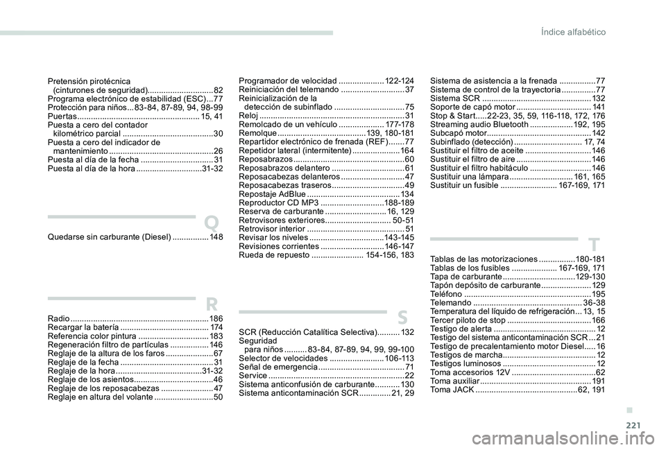 Peugeot 301 2017 Manual del propietario (in Spanish) 221
Quedarse sin carburante (Diesel) ................14 8
SCR (Reducción Catalítica Selectiva)
..........132
Seguridad para niños
.......... 8
3 - 84, 87- 89, 94, 99, 99 -100
Selector de vel Peugeot 301 2017 Manual del propietario (in Spanish) 221
Quedarse sin carburante (Diesel) ................14 8
SCR (Reducción Catalítica Selectiva)
..........132
Seguridad para niños
.......... 8
3 - 84, 87- 89, 94, 99, 99 -100
Selector de vel