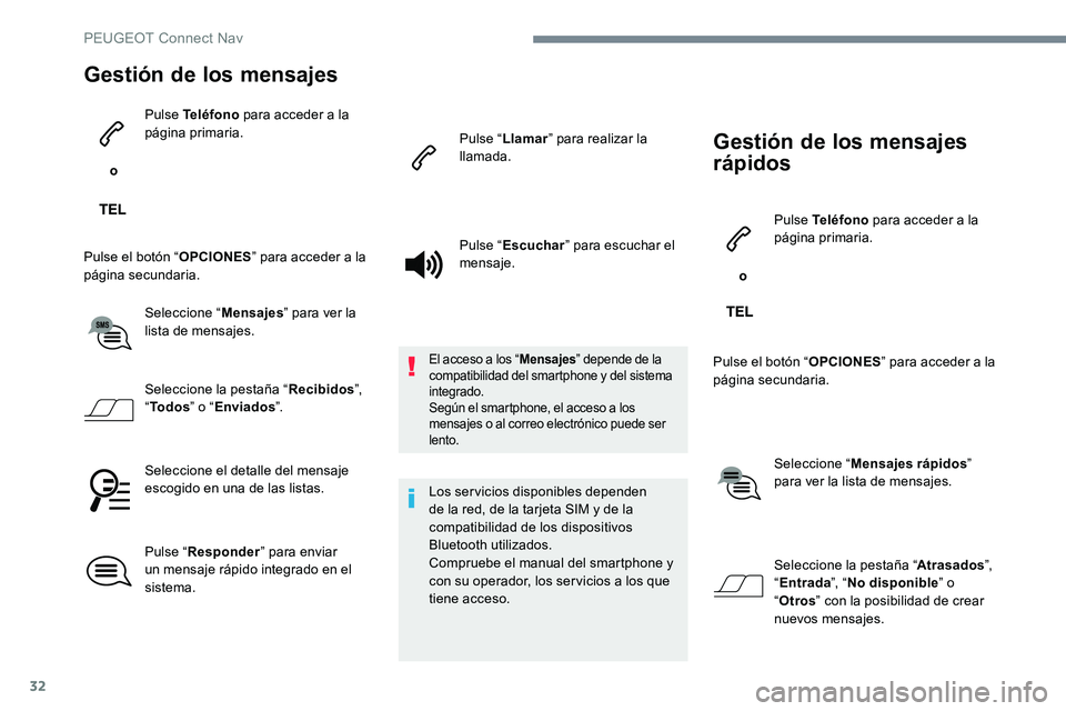 Peugeot 301 2017 Manual del propietario (in Spanish) 32
Gestión de los mensajes
o Pulse Teléfono
para acceder a la
página primaria.
Pulse el botón “ OPCIONES” para acceder a la
página secundaria.
Seleccione “ Mensajes” para ver la
list Peugeot 301 2017 Manual del propietario (in Spanish) 32
Gestión de los mensajes
o Pulse Teléfono
para acceder a la
página primaria.
Pulse el botón “ OPCIONES” para acceder a la
página secundaria.
Seleccione “ Mensajes” para ver la
list