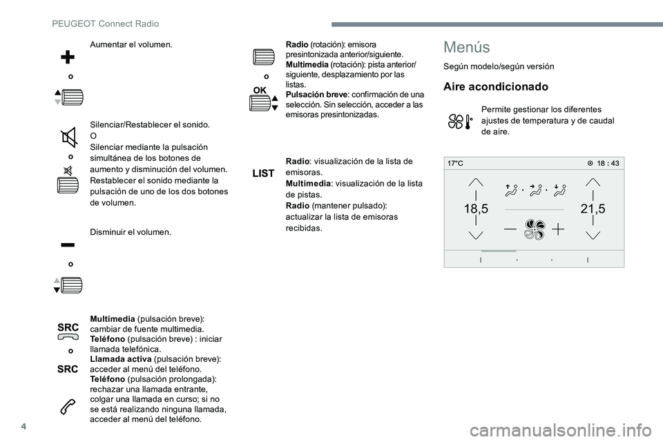 Peugeot 301 2017 Manual del propietario (in Spanish) 4
21,518,5
o Aumentar el volumen.
o Silenciar/Restablecer el sonido.
O
Silenciar mediante la pulsación
simultánea de los botones de
aumento y disminución del volumen.
Restablecer el sonido med Peugeot 301 2017 Manual del propietario (in Spanish) 4
21,518,5
o Aumentar el volumen.
o Silenciar/Restablecer el sonido.
O
Silenciar mediante la pulsación
simultánea de los botones de
aumento y disminución del volumen.
Restablecer el sonido med