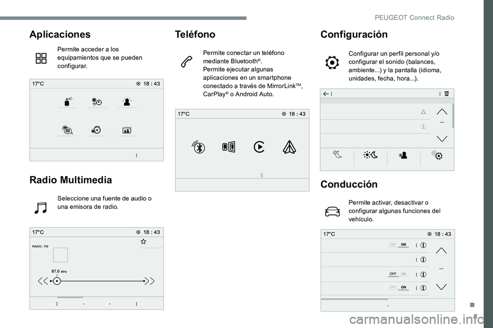 Peugeot 301 2017 Manual del propietario (in Spanish) 5
Aplicaciones
Permite acceder a los
equipamientos que se pueden
configurar.
Radio Multimedia
Seleccione una fuente de audio o
una emisora de radio.
Teléfono
Permite conectar un teléfono
mediant Peugeot 301 2017 Manual del propietario (in Spanish) 5
Aplicaciones
Permite acceder a los
equipamientos que se pueden
configurar.
Radio Multimedia
Seleccione una fuente de audio o
una emisora de radio.
Teléfono
Permite conectar un teléfono
mediant