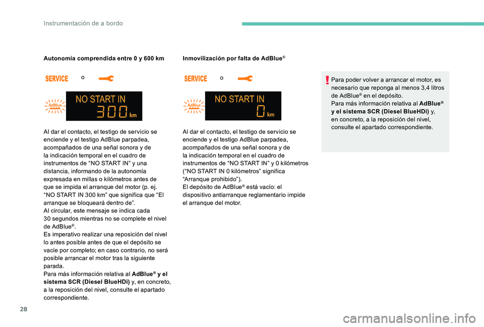 Peugeot 301 2017 Manual del propietario (in Spanish) 28
o
Autonomía comprendida entre 0 y 600 km
o
Inmovilización por falta de AdBlue
®
Para poder volver a arrancar el motor, es
necesario que reponga al menos 3,4 litros
de AdBlue
® en el depó Peugeot 301 2017 Manual del propietario (in Spanish) 28
o
Autonomía comprendida entre 0 y 600 km
o
Inmovilización por falta de AdBlue
®
Para poder volver a arrancar el motor, es
necesario que reponga al menos 3,4 litros
de AdBlue
® en el depó