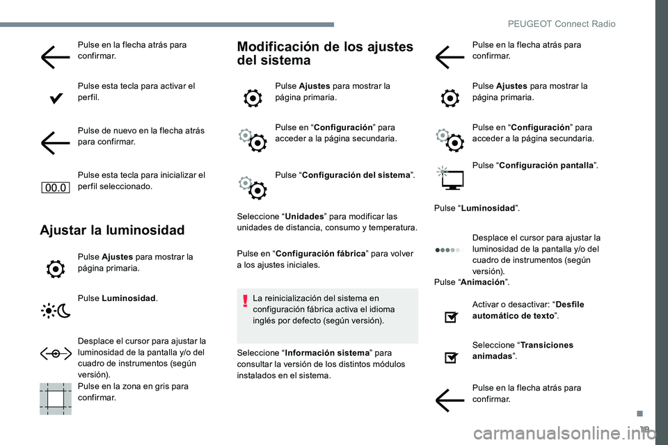Peugeot 301 2017 Manual del propietario (in Spanish) 19
Pulse en la flecha atrás para
confirmar.
Pulse esta tecla para activar el
perfil.
Pulse de nuevo en la flecha atrás
para confirmar.
Pulse esta tecla para inicializar el
perfil seleccionado.
A Peugeot 301 2017 Manual del propietario (in Spanish) 19
Pulse en la flecha atrás para
confirmar.
Pulse esta tecla para activar el
perfil.
Pulse de nuevo en la flecha atrás
para confirmar.
Pulse esta tecla para inicializar el
perfil seleccionado.
A
