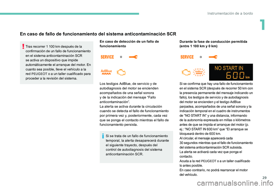 Peugeot 301 2017  Manual del propietario (in Spanish) 29
En caso de fallo de funcionamiento del sistema anticontaminación SCR
Tras recorrer 1 100 km después de la 
c onfirmación de un fallo de funcionamiento 
en el sistema anticontaminación SCR 
se a