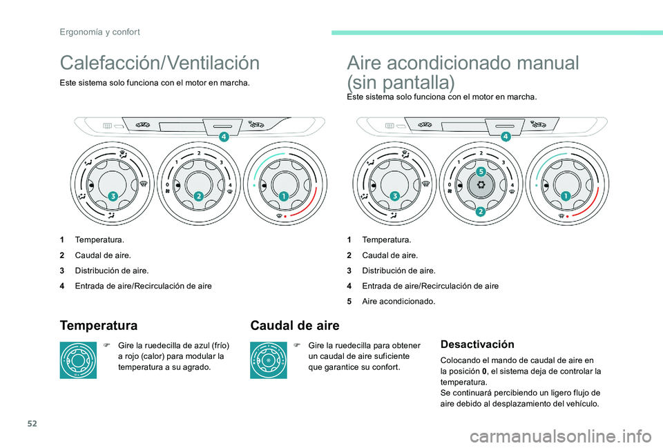 Peugeot 301 2017 Manual del propietario (in Spanish) 52
Calefacción/Ventilación
Este sistema solo funciona con el motor en marcha.
1Temperatura.
2 Caudal de aire.
3 Distribución de aire.
4 Entrada de aire/Recirculación de aire
Aire acondicionado man Peugeot 301 2017 Manual del propietario (in Spanish) 52
Calefacción/Ventilación
Este sistema solo funciona con el motor en marcha.
1Temperatura.
2 Caudal de aire.
3 Distribución de aire.
4 Entrada de aire/Recirculación de aire
Aire acondicionado man