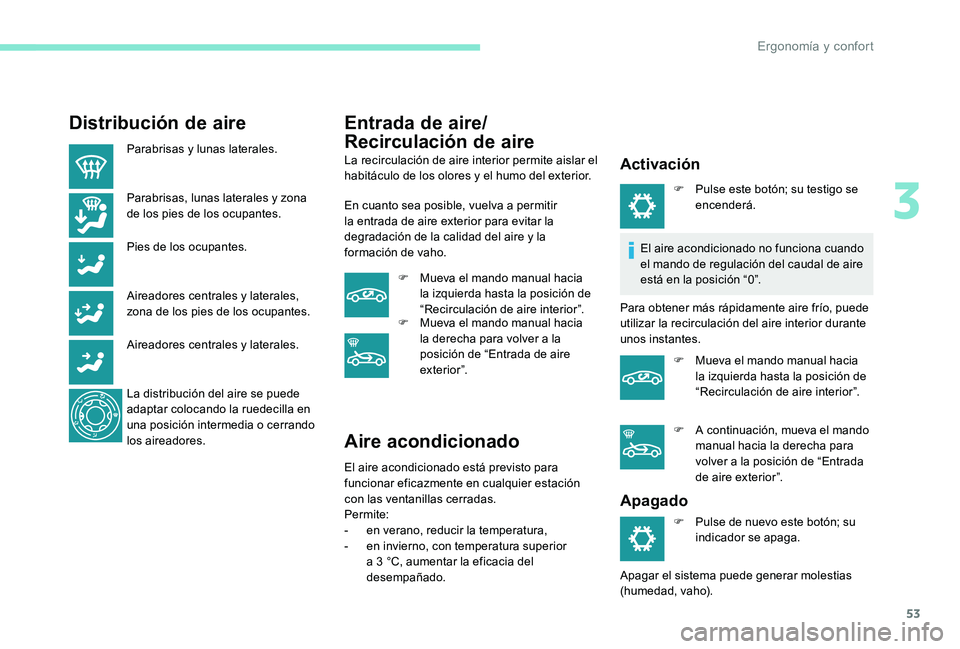 Peugeot 301 2017 Manual del propietario (in Spanish) 53
Distribución de aire
Parabrisas y lunas laterales.
Parabrisas, lunas laterales y zona
de los pies de los ocupantes.
Pies de los ocupantes.
Aireadores centrales y laterales,
zona de los pies de l Peugeot 301 2017 Manual del propietario (in Spanish) 53
Distribución de aire
Parabrisas y lunas laterales.
Parabrisas, lunas laterales y zona
de los pies de los ocupantes.
Pies de los ocupantes.
Aireadores centrales y laterales,
zona de los pies de l