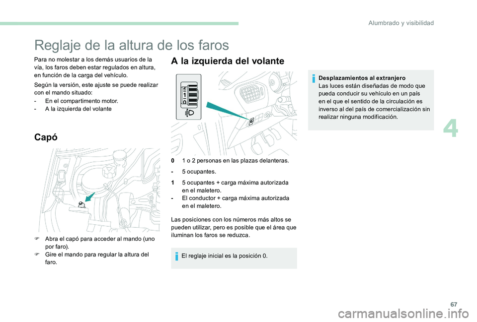 Peugeot 301 2017 Manual del propietario (in Spanish) 67
Reglaje de la altura de los faros
Para no molestar a los demás usuarios de la
vía, los faros deben estar regulados en altura,
en función de la carga del vehículo.
Según la versión, este aju Peugeot 301 2017 Manual del propietario (in Spanish) 67
Reglaje de la altura de los faros
Para no molestar a los demás usuarios de la
vía, los faros deben estar regulados en altura,
en función de la carga del vehículo.
Según la versión, este aju