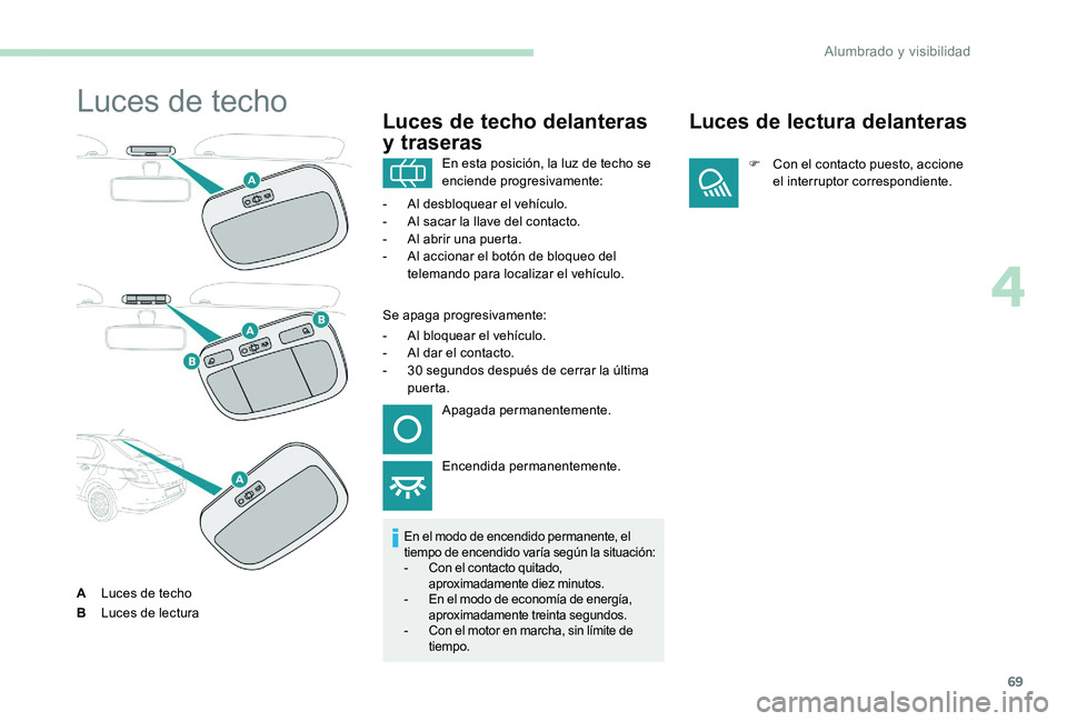 Peugeot 301 2017 Manual del propietario (in Spanish) 69
Luces de techo
ALuces de techo
B Luces de lectura
Luces de techo delanteras
y traseras
En el modo de encendido permanente, el
tiempo de encendido varía según la situación:
-
C
on el contact Peugeot 301 2017 Manual del propietario (in Spanish) 69
Luces de techo
ALuces de techo
B Luces de lectura
Luces de techo delanteras
y traseras
En el modo de encendido permanente, el
tiempo de encendido varía según la situación:
-
C
on el contact
