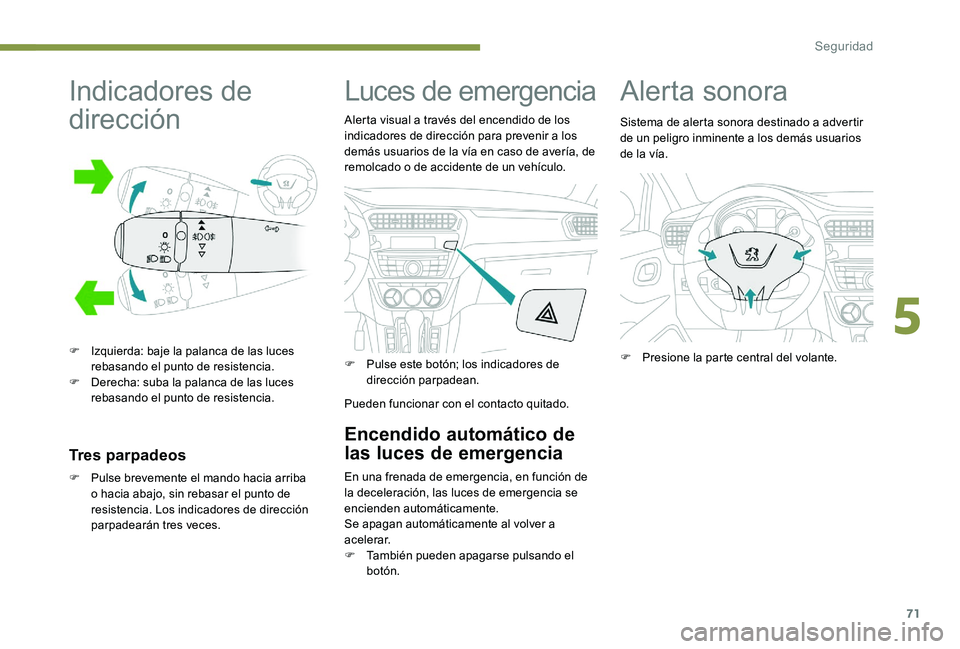 Peugeot 301 2017 Manual del propietario (in Spanish) 71
Indicadores de
dirección
F Izquierda: baje la palanca de las luces rebasando el punto de resistencia.
F
D
erecha: suba la palanca de las luces
rebasando el punto de resistencia.
Tres parpadeo Peugeot 301 2017 Manual del propietario (in Spanish) 71
Indicadores de
dirección
F Izquierda: baje la palanca de las luces rebasando el punto de resistencia.
F
D
erecha: suba la palanca de las luces
rebasando el punto de resistencia.
Tres parpadeo