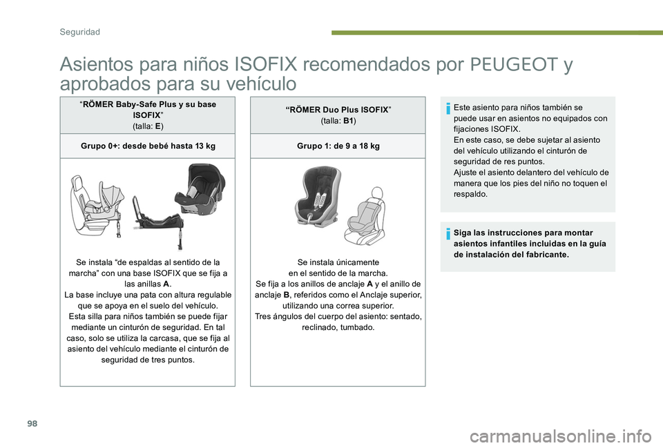 Peugeot 301 2017 Manual del propietario (in Spanish) 98
Asientos para niños ISOFIX recomendados por PEUGEOT y
aprobados para su vehículo
“ RÖMER Baby- Safe Plus y su base
ISOFIX”
(talla: E )
Grupo 0+: desde bebé hasta 13 kg
Se instala “de es Peugeot 301 2017 Manual del propietario (in Spanish) 98
Asientos para niños ISOFIX recomendados por PEUGEOT y
aprobados para su vehículo
“ RÖMER Baby- Safe Plus y su base
ISOFIX”
(talla: E )
Grupo 0+: desde bebé hasta 13 kg
Se instala “de es