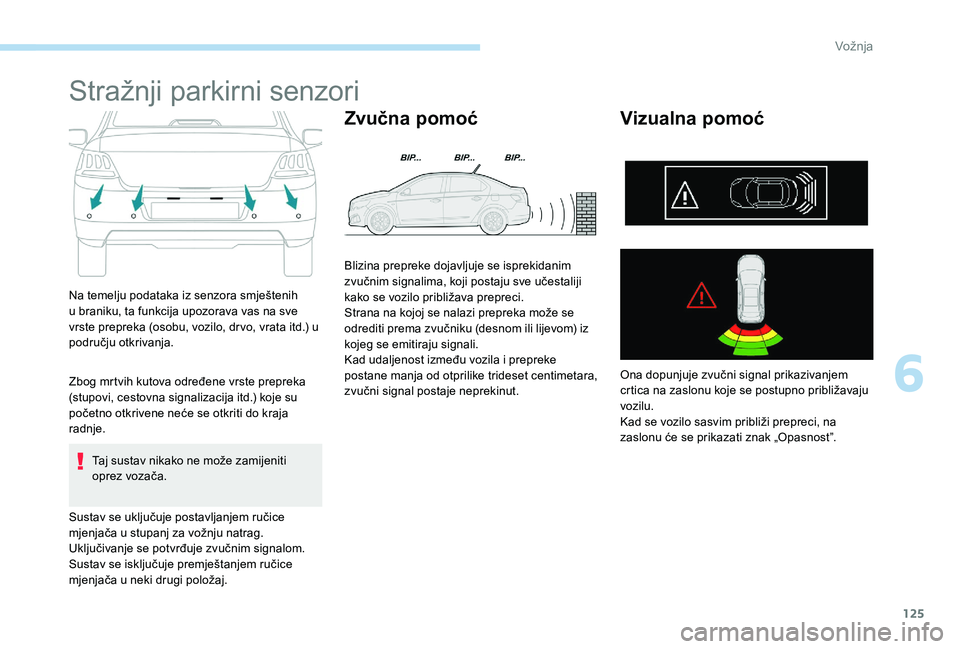 Peugeot 301 2017 Vodič za korisnike (in Croatian) 125
Stražnji parkirni senzori
Na temelju podataka iz senzora smještenih
u braniku, ta funkcija upozorava vas na sve
vrste prepreka (osobu, vozilo, drvo, vrata itd.) u
području otkrivanja.
Zbog m Peugeot 301 2017 Vodič za korisnike (in Croatian) 125
Stražnji parkirni senzori
Na temelju podataka iz senzora smještenih
u braniku, ta funkcija upozorava vas na sve
vrste prepreka (osobu, vozilo, drvo, vrata itd.) u
području otkrivanja.
Zbog m