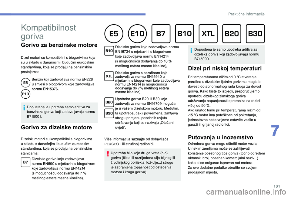 Peugeot 301 2017 Vodič za korisnike (in Croatian) 131
Gorivo za benzinske motore
Dizel motori su kompatibilni s biogorivima koja
su u skladu s današnjim i budućim europskim
standardima, koja se prodaju na benzinskim
postajama:Benzin koji zadovol Peugeot 301 2017 Vodič za korisnike (in Croatian) 131
Gorivo za benzinske motore
Dizel motori su kompatibilni s biogorivima koja
su u skladu s današnjim i budućim europskim
standardima, koja se prodaju na benzinskim
postajama:Benzin koji zadovol