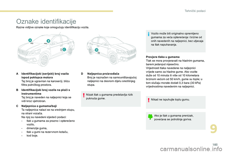 Peugeot 301 2017 Vodič za korisnike (in Croatian) 183
Oznake identifikacije
Vozilo može biti originalno opremljeno
gumama za veća opterećenja i brzine od
onih navedenih na naljepnici, bez utjecaja
na tlak napuhavanja.
Razne vidljive oznake koje Peugeot 301 2017 Vodič za korisnike (in Croatian) 183
Oznake identifikacije
Vozilo može biti originalno opremljeno
gumama za veća opterećenja i brzine od
onih navedenih na naljepnici, bez utjecaja
na tlak napuhavanja.
Razne vidljive oznake koje