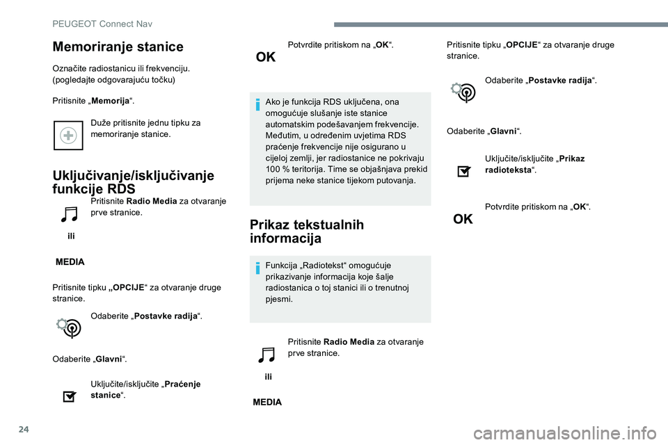 Peugeot 301 2017 Vodič za korisnike (in Croatian) 24
Duže pritisnite jednu tipku za
memoriranje stanice.
Uključivanje/isključivanje
funkcije RDS
ili Pritisnite Radio Media
za otvaranje
prve stranice.
Pritisnite tipku „OPCIJE “ za otvaranj Peugeot 301 2017 Vodič za korisnike (in Croatian) 24
Duže pritisnite jednu tipku za
memoriranje stanice.
Uključivanje/isključivanje
funkcije RDS
ili Pritisnite Radio Media
za otvaranje
prve stranice.
Pritisnite tipku „OPCIJE “ za otvaranj