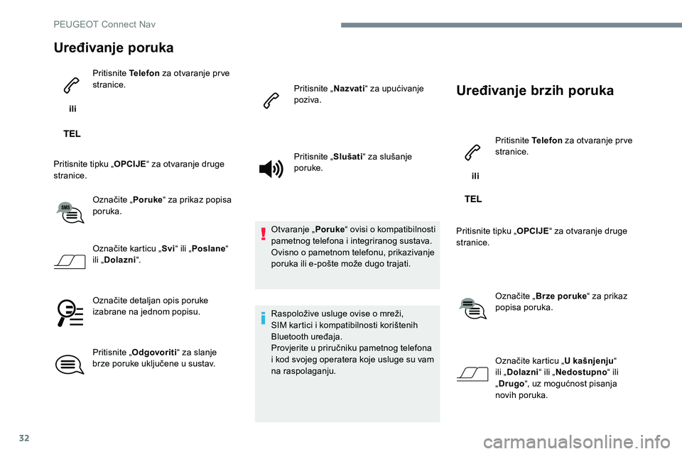 Peugeot 301 2017  Vodič za korisnike (in Croatian) 32
Uređivanje poruka
 ili Pritisnite Telefon
 za otvaranje prve 
stranice.
Pritisnite tipku „ OPCIJE“ za otvaranje druge 
stranice.
Označite „ Poruke“ za prikaz popisa 
poruka.
Označite kar