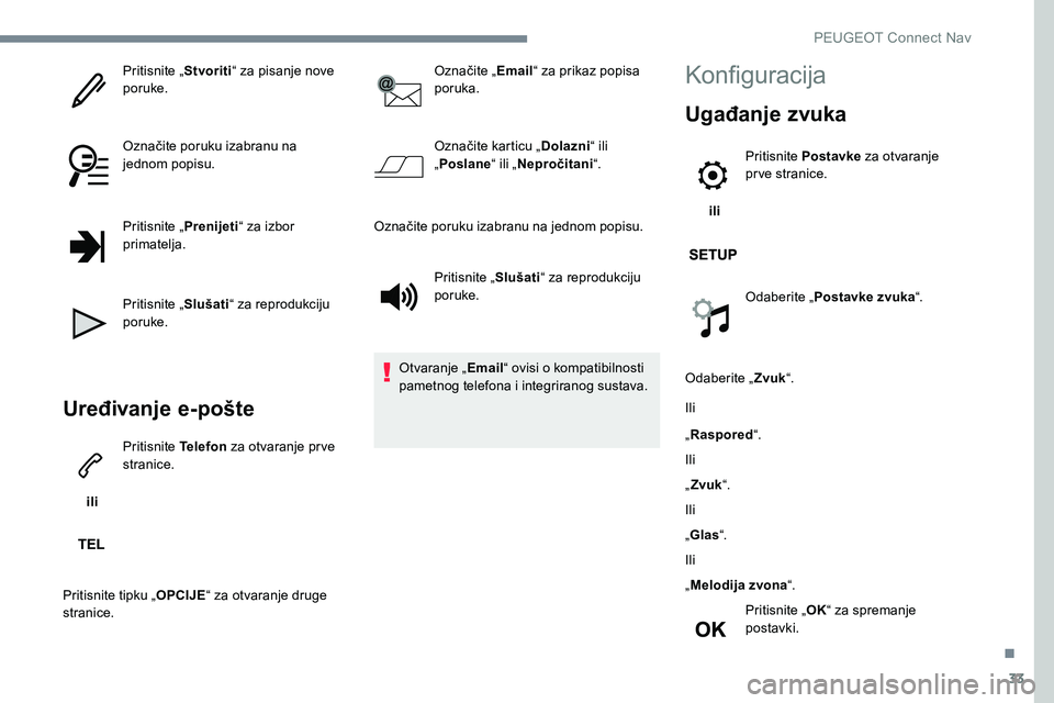 Peugeot 301 2017  Vodič za korisnike (in Croatian) 33
Pritisnite „Stvoriti“ za pisanje nove 
poruke.
Označite poruku izabranu na 
jednom popisu.
Pritisnite „ Prenijeti“ za izbor 
primatelja.
Pritisnite „ Slušati“ za reprodukciju 
poruke.