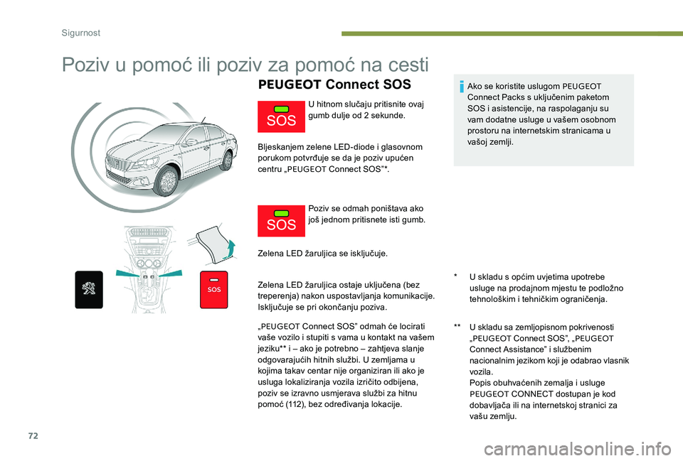 Peugeot 301 2017 Vodič za korisnike (in Croatian) 72
Poziv u pomoć ili poziv za pomoć na cesti
PEUGEOT Connect SOS
* U skladu s općim uvjetima upotrebe
usluge na prodajnom mjestu te podložno
tehnološkim i tehničkim ograničenja.
**
U s
kla Peugeot 301 2017 Vodič za korisnike (in Croatian) 72
Poziv u pomoć ili poziv za pomoć na cesti
PEUGEOT Connect SOS
* U skladu s općim uvjetima upotrebe
usluge na prodajnom mjestu te podložno
tehnološkim i tehničkim ograničenja.
**
U s
kla