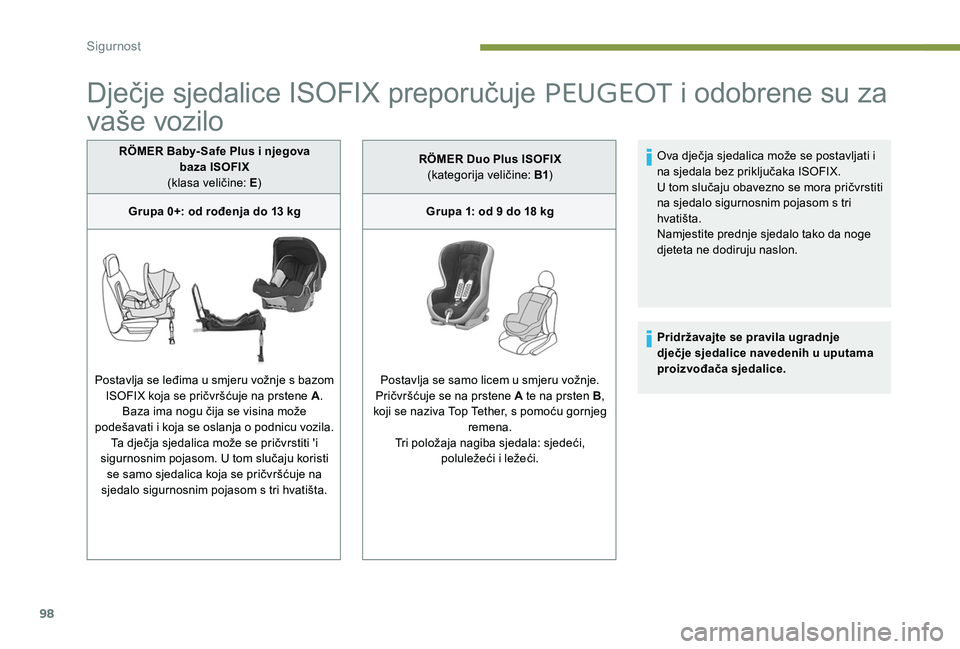 Peugeot 301 2017 Vodič za korisnike (in Croatian) 98
Dječje sjedalice ISOFIX preporučuje PEUGEOT i odobrene su za
vaše vozilo
RÖMER Baby- Safe Plus i njegova
baza ISOFIX
(klasa veličine: E )
Grupa 0+: od rođenja do 13 kg
Postavlja se leđima Peugeot 301 2017 Vodič za korisnike (in Croatian) 98
Dječje sjedalice ISOFIX preporučuje PEUGEOT i odobrene su za
vaše vozilo
RÖMER Baby- Safe Plus i njegova
baza ISOFIX
(klasa veličine: E )
Grupa 0+: od rođenja do 13 kg
Postavlja se leđima