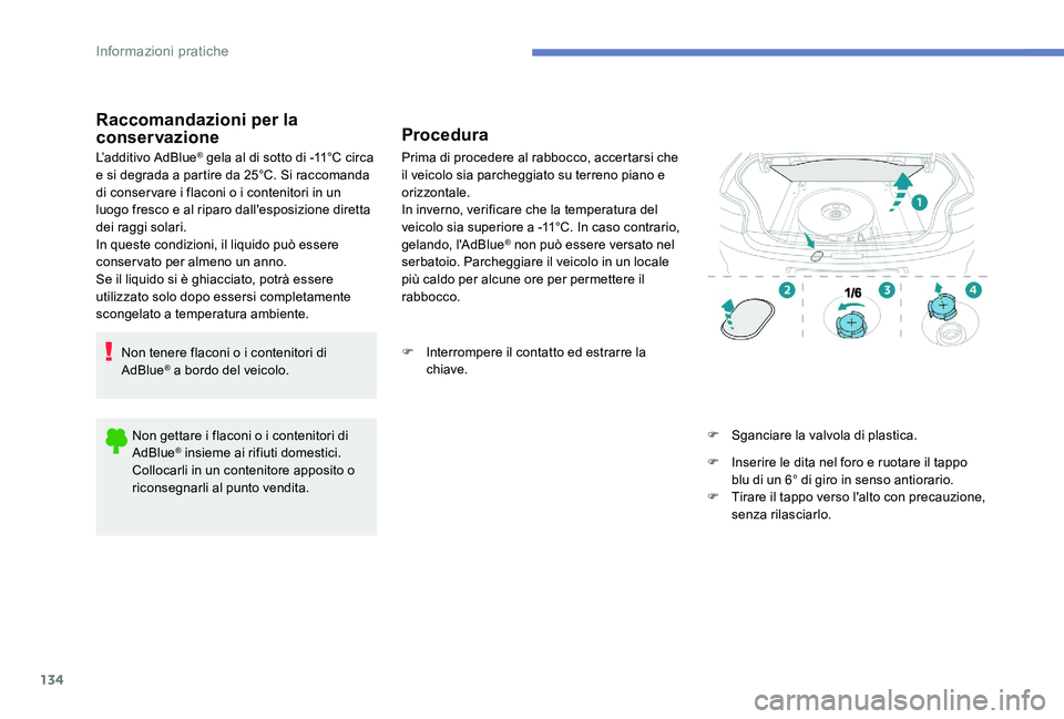 Peugeot 301 2017 Manuale del proprietario (in Italian) 134
Raccomandazioni per la
conservazione
L’additivo AdBlue® gela al di sotto di -11°C circa
e si degrada a partire da 25°C. Si raccomanda
di conservare i flaconi o i contenitori in un
luogo f Peugeot 301 2017 Manuale del proprietario (in Italian) 134
Raccomandazioni per la
conservazione
L’additivo AdBlue® gela al di sotto di -11°C circa
e si degrada a partire da 25°C. Si raccomanda
di conservare i flaconi o i contenitori in un
luogo f