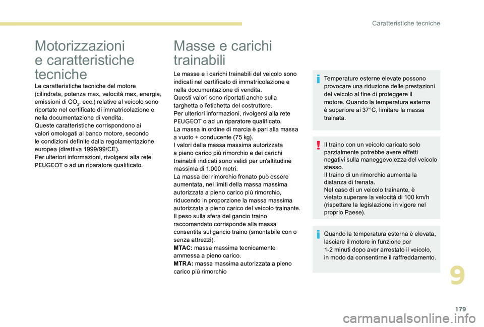 Peugeot 301 2017  Manuale del proprietario (in Italian) 179
Motorizzazioni 
e caratteristiche 
tecniche
Le caratteristiche tecniche del motore 
(cilindrata, potenza max, velocità max, energia, 
emissioni di CO
2, ecc.) relative al veicolo sono 
riportate 