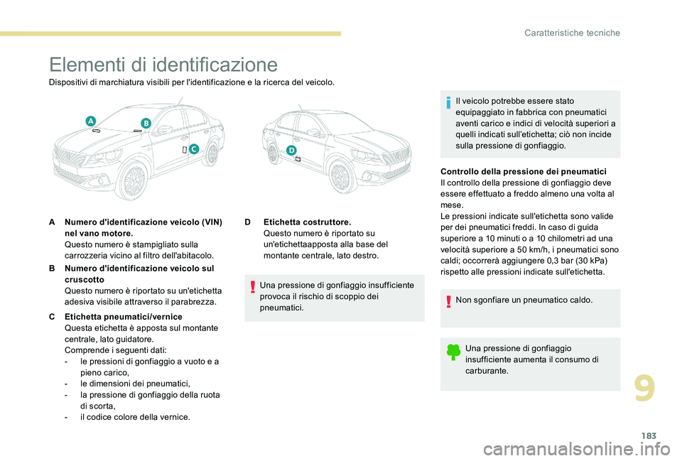 Peugeot 301 2017  Manuale del proprietario (in Italian) 183
Elementi di identificazione
Il veicolo potrebbe essere stato 
equipaggiato in fabbrica con pneumatici 
aventi carico e indici di velocità superiori a 
quelli indicati sull’etichetta; ciò non i