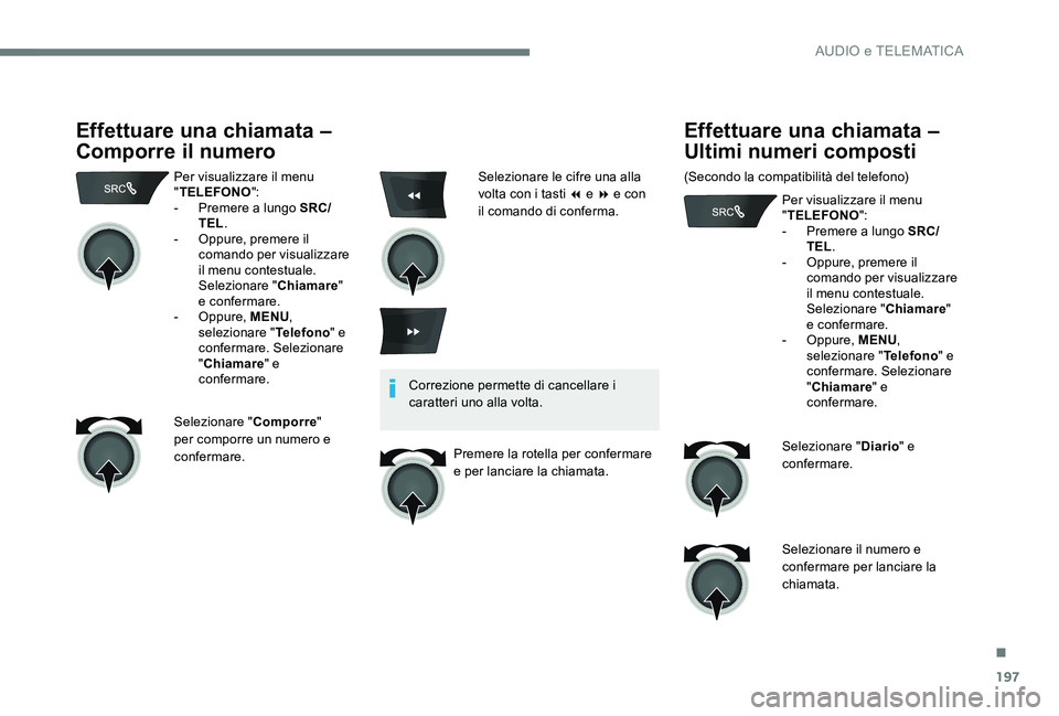 Peugeot 301 2017  Manuale del proprietario (in Italian) 197
Effettuare una chiamata – 
Comporre il numero
Per visualizzare il menu 
"TELEFONO ":
-
 
P
 remere a lungo SRC/
TEL .
-
 O

ppure, premere il 
comando per visualizzare 
il menu contestua