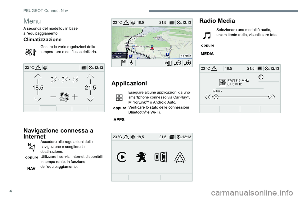 Peugeot 301 2017  Manuale del proprietario (in Italian) 4
FM/87.5 MHz
87.5MHz
12:13
18,5 21,5
23 °C
12:13
18,5 21,5
23 °C
12:13
18,5 21,5
23 °C
21,518,5
12:1323 °C
Menu
A seconda del modello / in base 
all'equipaggiamento
Climatizzazione
Gestire le
