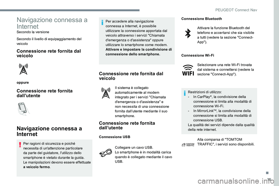 Peugeot 301 2017  Manuale del proprietario (in Italian) 15
Navigazione connessa a 
Internet
Secondo la versione
Secondo il livello di equipaggiamento del 
veicolo
Connessione rete fornita dal 
veicolo
oppure
Connessione rete fornita 
dall’utente
Navigazi