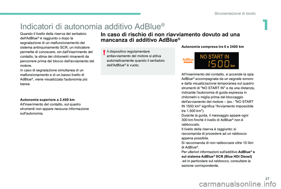 Peugeot 301 2017 Manuale del proprietario (in Italian) 27
Indicatori di autonomia additivo AdBlue®
Quando il livello della riserva del serbatoio
dell'AdBlue® è raggiunto o dopo la
segnalazione di un malfunzionamento del
sistema antinquinamento S Peugeot 301 2017 Manuale del proprietario (in Italian) 27
Indicatori di autonomia additivo AdBlue®
Quando il livello della riserva del serbatoio
dell'AdBlue® è raggiunto o dopo la
segnalazione di un malfunzionamento del
sistema antinquinamento S