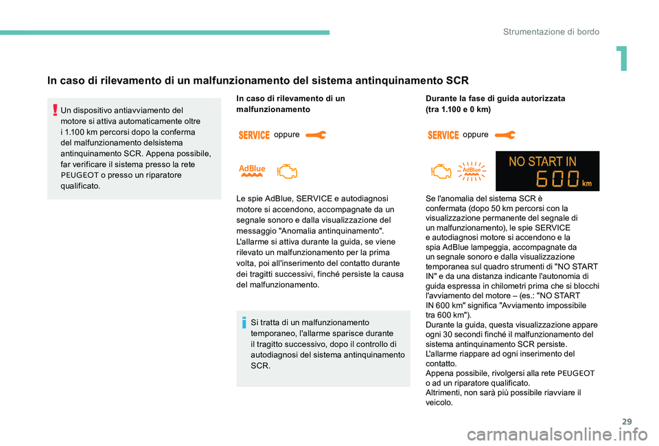 Peugeot 301 2017  Manuale del proprietario (in Italian) 29
In caso di rilevamento di un malfunzionamento del sistema antinquinamento SCR
Un dispositivo antiavviamento del 
motore si attiva automaticamente oltre 
i 1.100  km percorsi dopo la conferma 
del m