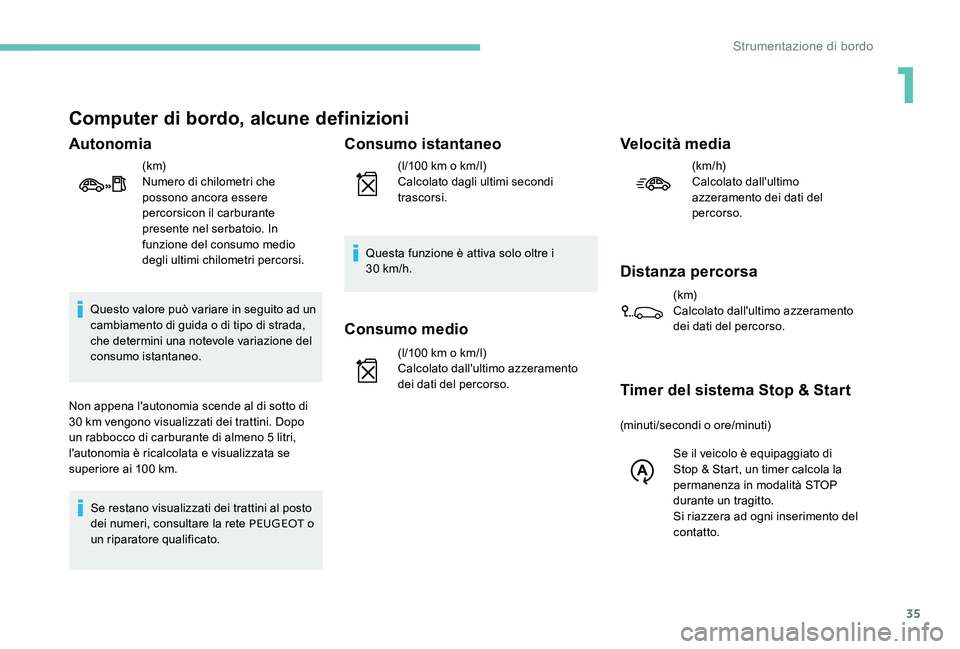 Peugeot 301 2017  Manuale del proprietario (in Italian) 35
Computer di bordo, alcune definizioni
Autonomia
(k m)
Numero di chilometri che 
possono ancora essere 
percorsicon il carburante 
presente nel serbatoio. In 
funzione del consumo medio 
degli ultim